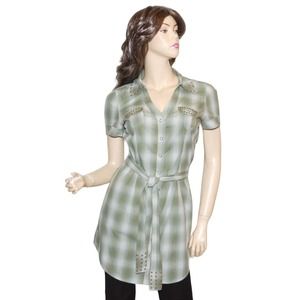Guess Cotton Plaid Belted Dress Shirt Tunic Blouse Top Green S New
